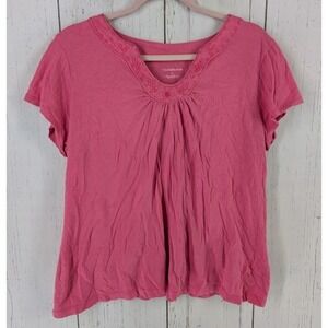 Croft Barrow Size‎ Large Pink Short Sleeve Embroidered Neck Trim Top